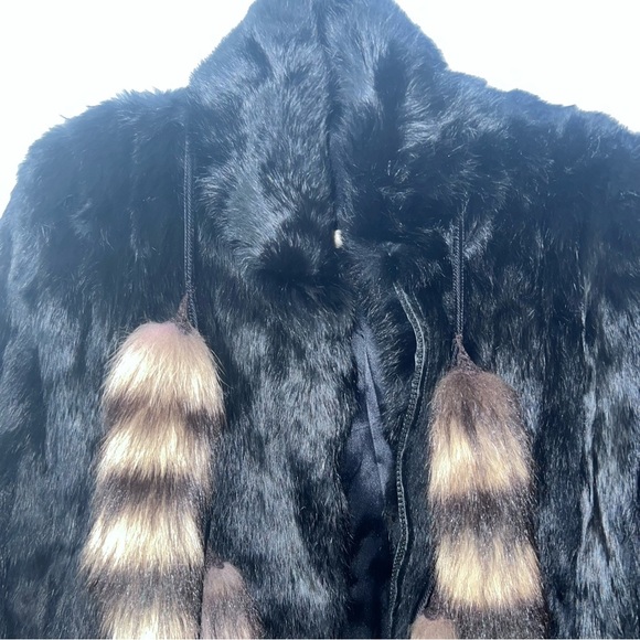 Rabbit Fur Zip Up Mob Wife Fur Coat With Tail Tassels Black M - Picture 14 of 15